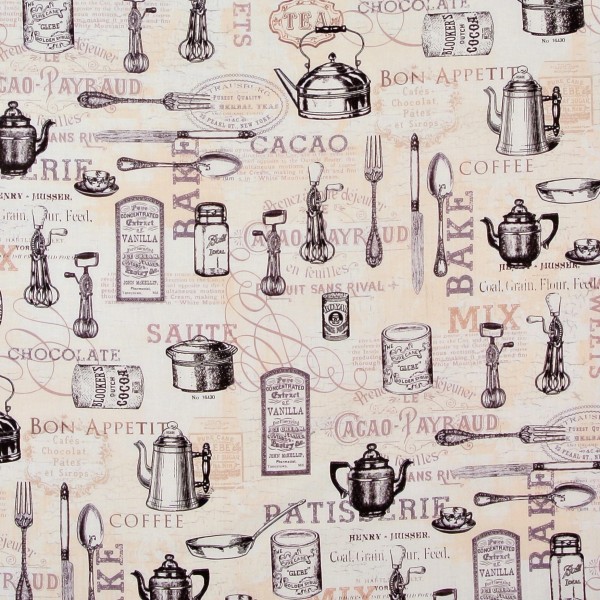 Patchworkstoff Ivory Kitchen Nostalgie Küchengeräte Besteck