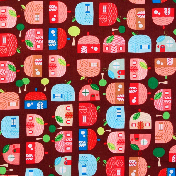 SALE Patchworkstoff "Appleville" Apfel Häuschen Obst braun