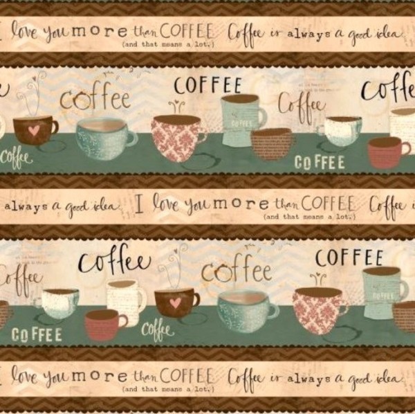 0,55 m Patchworkstoff Kaffee Bordüre "But First Coffee" Webware