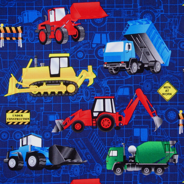SALE 0,7 m Patchworkstoff Baustelle Baufahrzeuge blau
