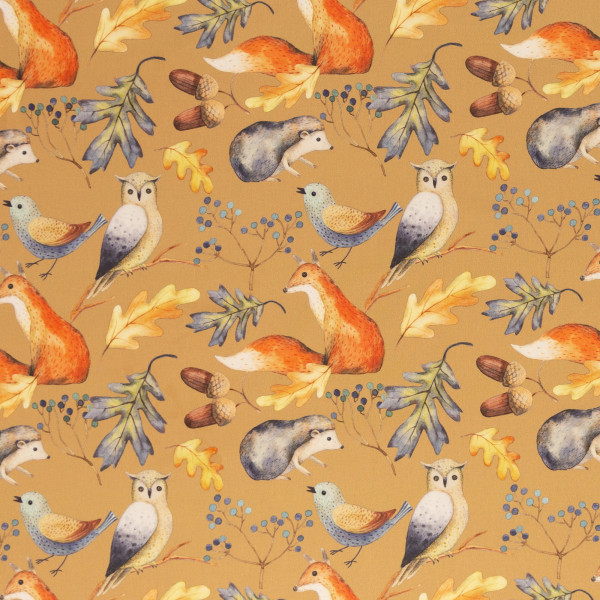 Baumwolle Webware "Happy Harvest" Waldtiere Fuchs Igel gold