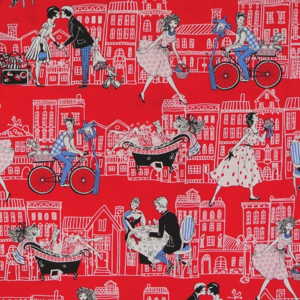 Patchworkstoff "Joie de Vivre" verliebte Paare Häuser rot
