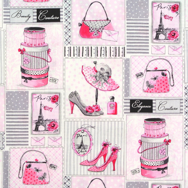 Patchworkstoff Frauen Glamour Schuhe Hüte Taschen Motive pink