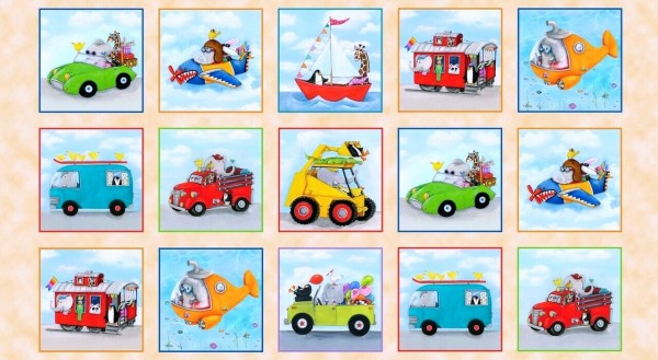 Patchworkstoff Kinder Tiere Fahrzeuge "On the Go" Panel