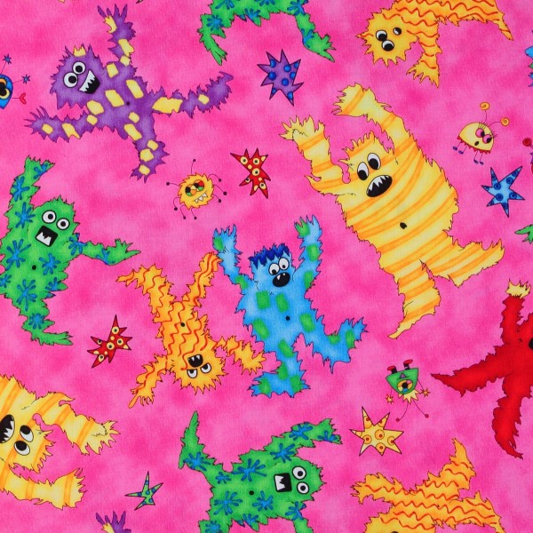 SALE Patchworkstoff freche bunte Monster auf Pink Kinder