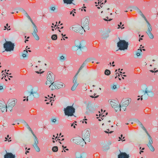 Baumwollstoff Rotkehlchen Schmetterlinge Blumen rosa