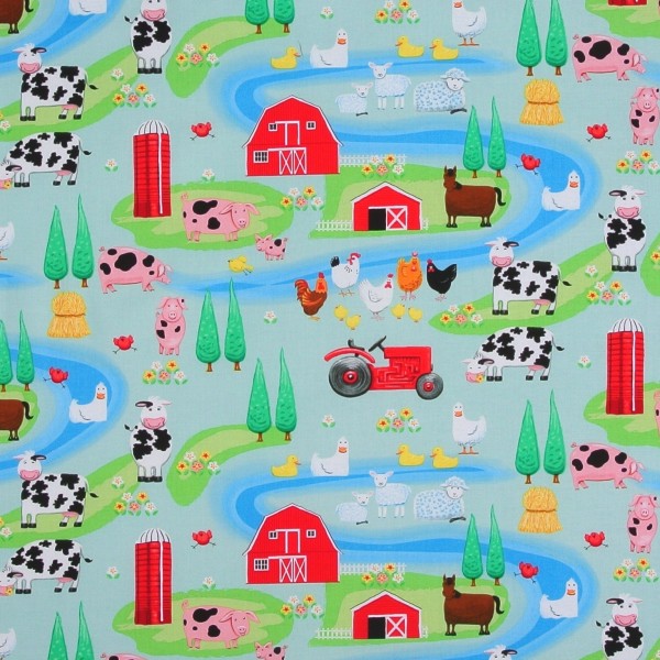 Patchworkstoff Bauernhof Tiere Farm Life auf Blau