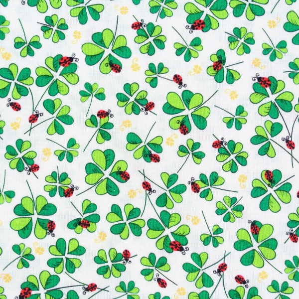 Patchworkstoff Klee Marienkäfer Glücksklee auf Weiß