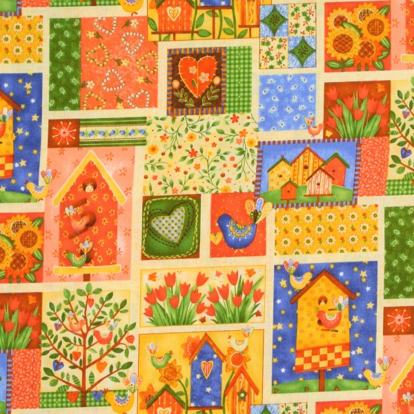 Patchworkstoff Frühling Vogelhäuser Bird Song Labels
