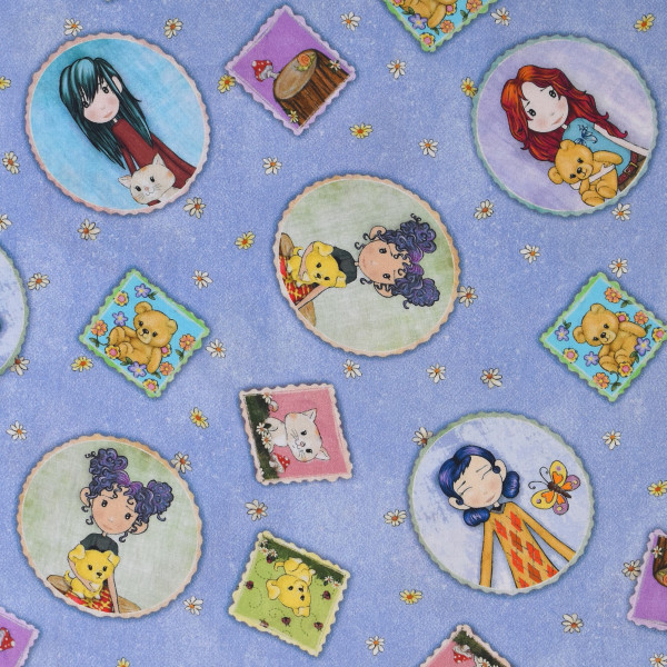 Patchworkstoff Mädchen Garten Motive blau"Garden Girls"