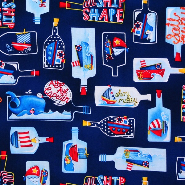Patchworkstoff maritim Flaschenpost Wale