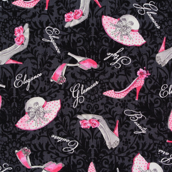 Patchworkstoff Frauen Glamour Schuhe Hüte Taschen schwarz