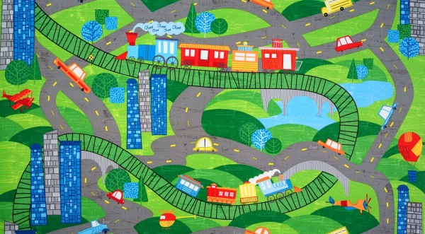 SALE Patchworkstoff On the Go Fahrzeuge Eisenbahn Panel