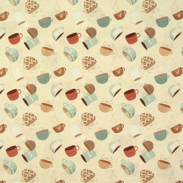 0,45 m Patchworkstoff Kaffee "But First Coffee" Tassen beige