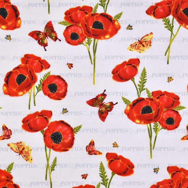 Patchworkstoff Mohn Blumen "Poppy Days" Schrift Baumwolle Webware