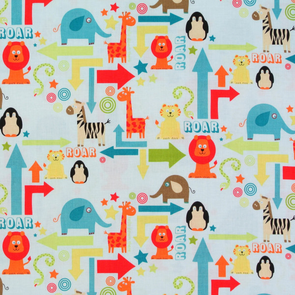 SALE Patchworkstoff Kinder wilde Tiere "Alphabet Soup" hellblau
