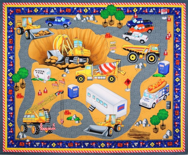SALE Patchworkstoff Baustelle Bagger Hard Hats Panel