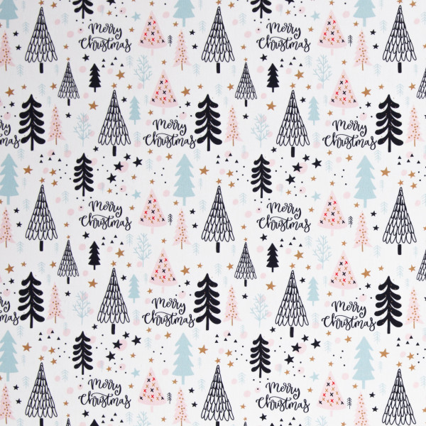 Baumwolle Webware "Merry Christmas" Bäume Schrift weiß