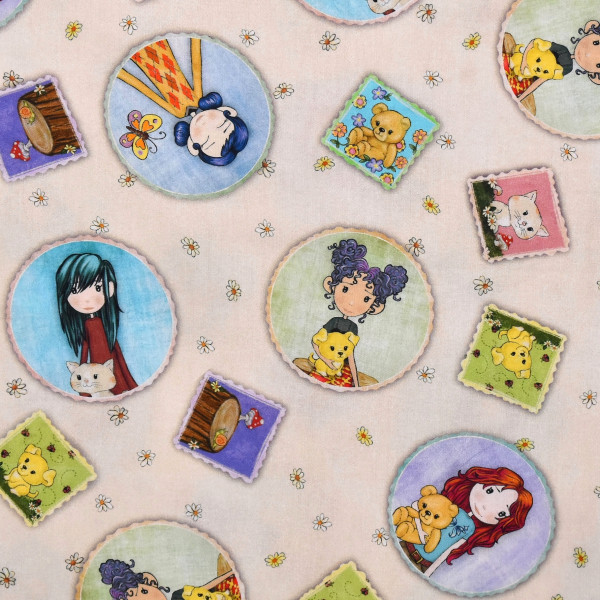 Patchworkstoff Mädchen Garten Motive beige"Garden Girls"