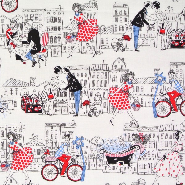 Patchworkstoff "Joie de Vivre" verliebte Paare Häuser weiss