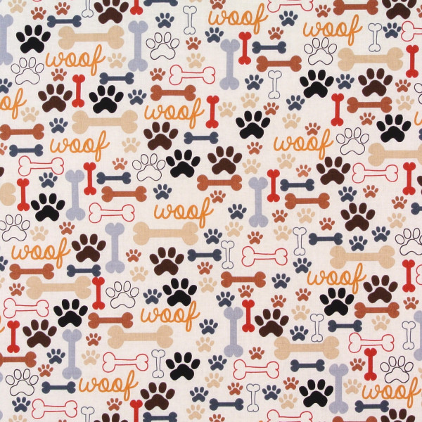 Patchworkstoff Hunde Pfoten und Knochen Beige Webware