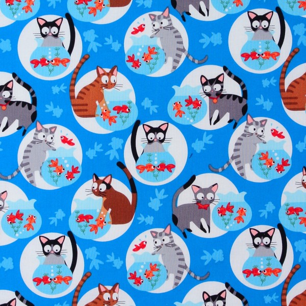 Katzenstoff Katzen Goldfische blau