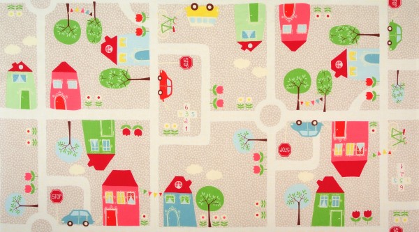 SALE 1,2 m Patchworkstoff Roundabout Straßen Fahrzeuge Panel rot