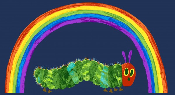 patchworkstoff raupe nimmersatt kinderstoff regenbogen panel blau