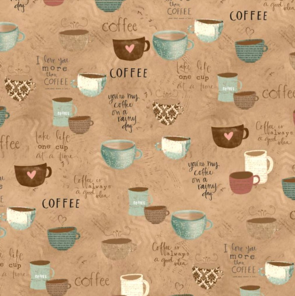 Patchworkstoff Kaffee "But First Coffee" Tassen Schrift braun