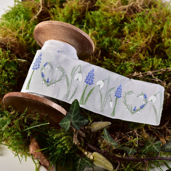 Webband Frühling Schneeglöckchen acufactum hellgrau 5 cm breit