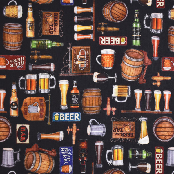 Patchworkstoff Bier Motive "On tap Beer" Baumwollstoff schwarz