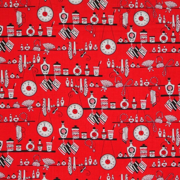 Patchworkstoff "Joie de Vivre" Uhren Kosmetik rot