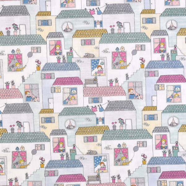 Baumwollstoff kleine Stadt Häuser Kinder Webware