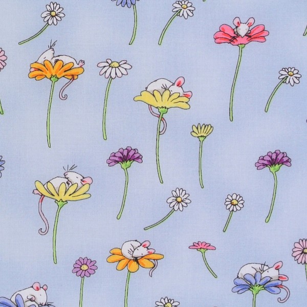 Patchworkstoff Daisy Blumen kleine Mäuse hellblau Webware
