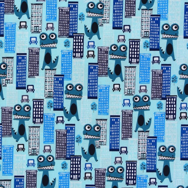 SALE Patchworkstoff Monster Dinosaurier Wolkenkratzer blau