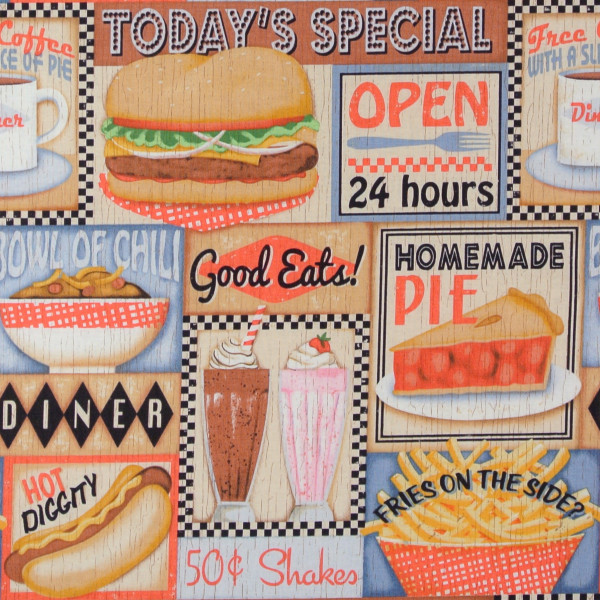 Patchworkstoff American Diner Fast Food Hot Dogs
