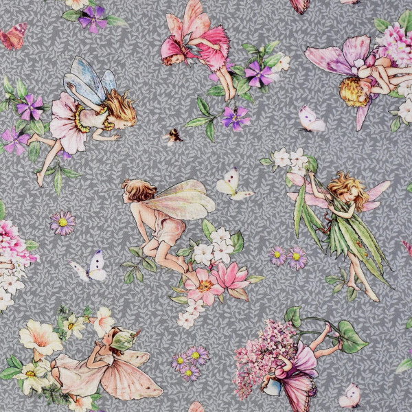 Patchworkstoff Flower Fairies Elfen Dancing hellgrau