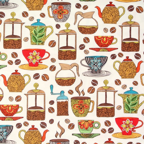 Patchworkstoff Kaffee Coffee Break Tassen Kannen beige Webware