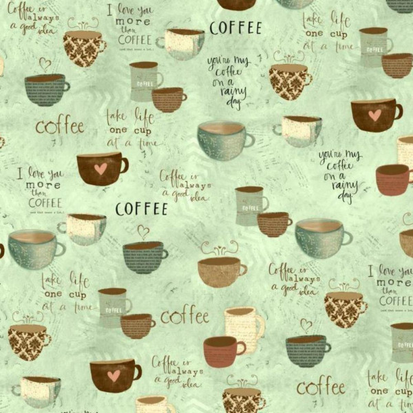 Patchworkstoff Kaffee "But First Coffee" Tassen Schrift grün