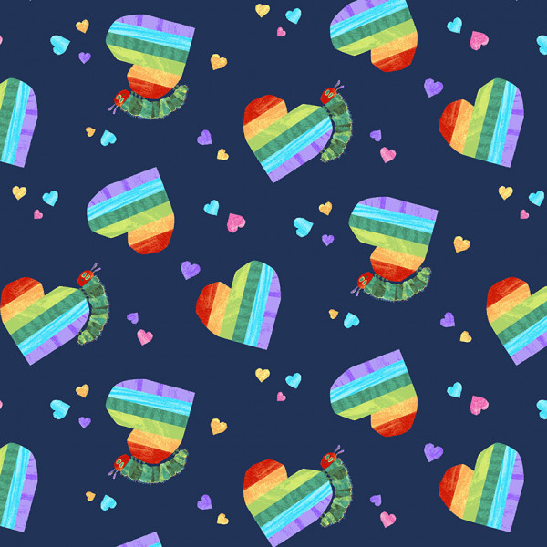 Raupe Nimmersatt Patchworkstoff bunte Herzen blau