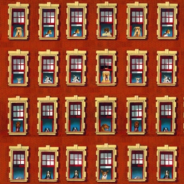 SALE Patchworkstoff Hunde am Fenster rot Webware