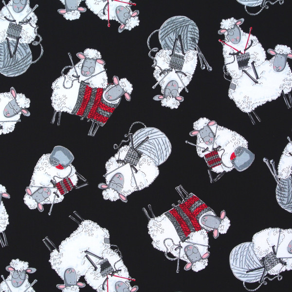 Patchworkstoff Strickende Schafe Stricken schwarz Webware