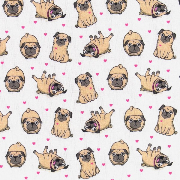 Baumwollstoff Hunde Möpse Dekostoff weiß Webware