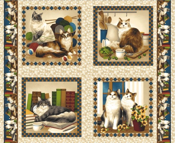 Sale 0,9 m Patchworkstoff Katzen Strickzeug Four Paws Panel