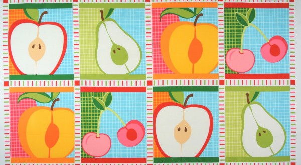 SALE Patchworkstoff Obst Kirschen Äpfel Birnen Panel hell