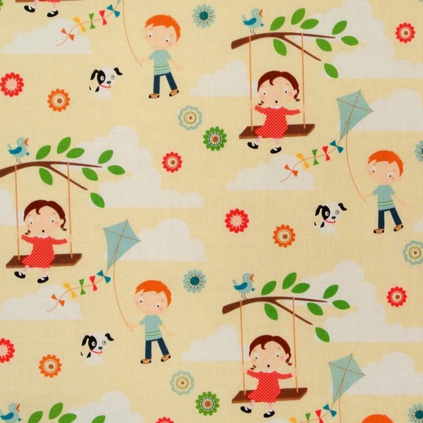 SALE Patchworkstoff Retro Kinder Drachensteigen "Fly Kite"