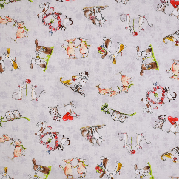 Patchworkstoff "From the Heart" Tiere Liebe Freundschaft grau