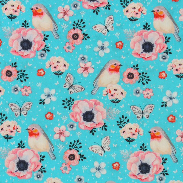 Baumwollstoff Rotkehlchen Schmetterlinge Blumen türkis