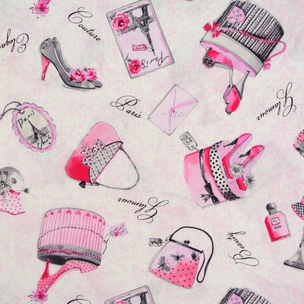 Patchworkstoff Frauen Glamour Schuhe Hüte Taschen pink