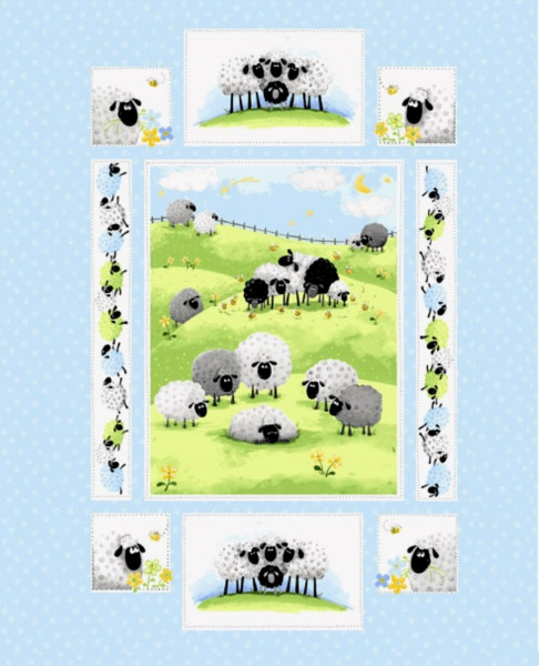 Schafe Susybee Lewe Patchworkstoff Panel hellblau